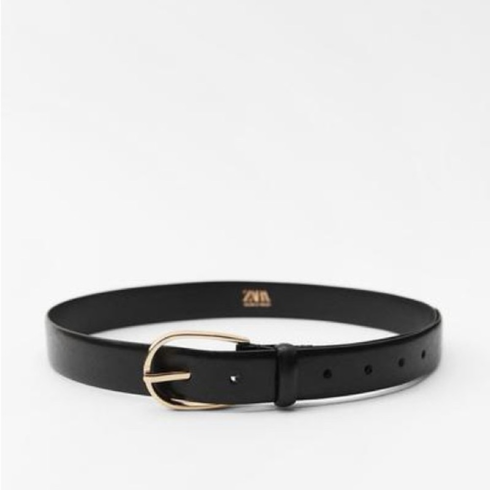 Zara Black genuine leather Belt with Gold Buckle hardware